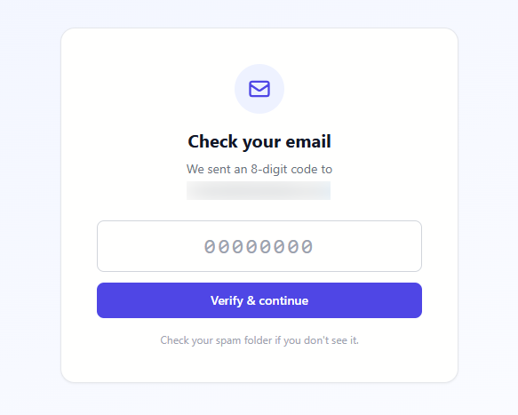 Verification screen inside FiveMinChat showing the 8-digit code input field after sign-up