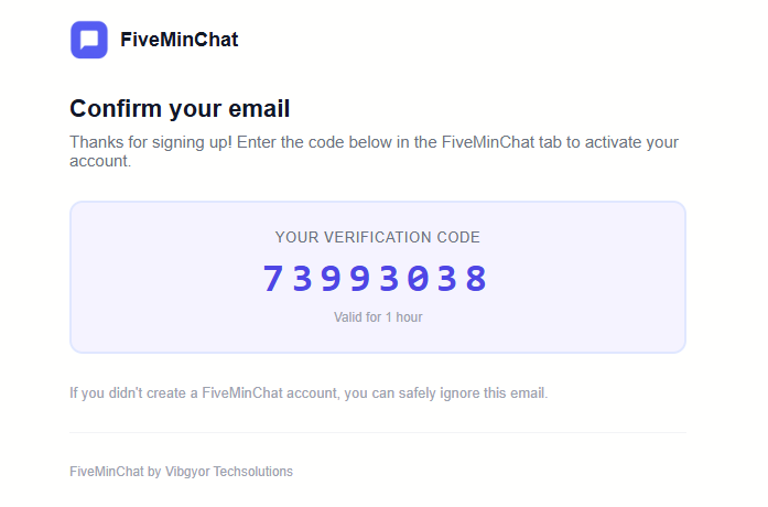 FiveMinChat verification email showing the 8-digit one-time code