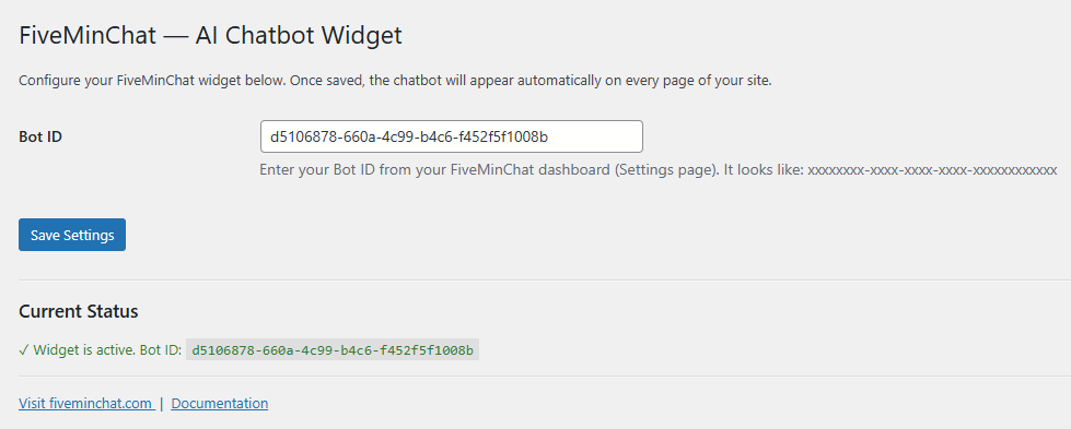 WordPress FiveMinChat plugin settings page with the Bot ID field filled in