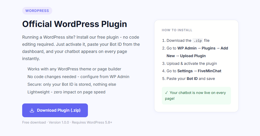 WordPress plugin download section on fiveminchat.com showing the Download WordPress Plugin button